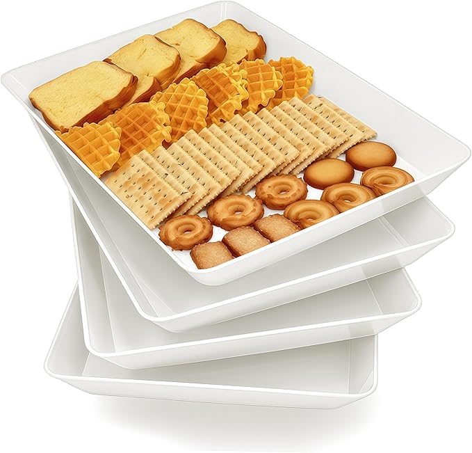 AMGBZT Serving Tray Platter, 4 Pcs Food Tray for Veggie Fruit Snack Dessert Cookie Cheese, Food Trays for Party Supplies Display, Plastic Platters for Serving Food, Large White Trays, BPA Free