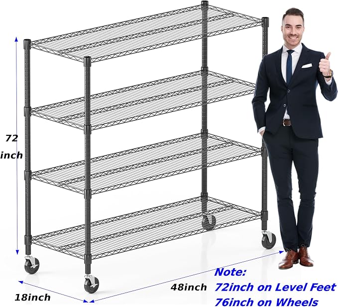 Homdox Heavy Duty Metal Shelves for Storage, 4 Tier Storage Racks and Shelving, Commercial Adjustable Wire Shelving Unit on Wheels, Garage Rack Pantry Shelves Kitchen Shelving, 18"x48"x72", Black