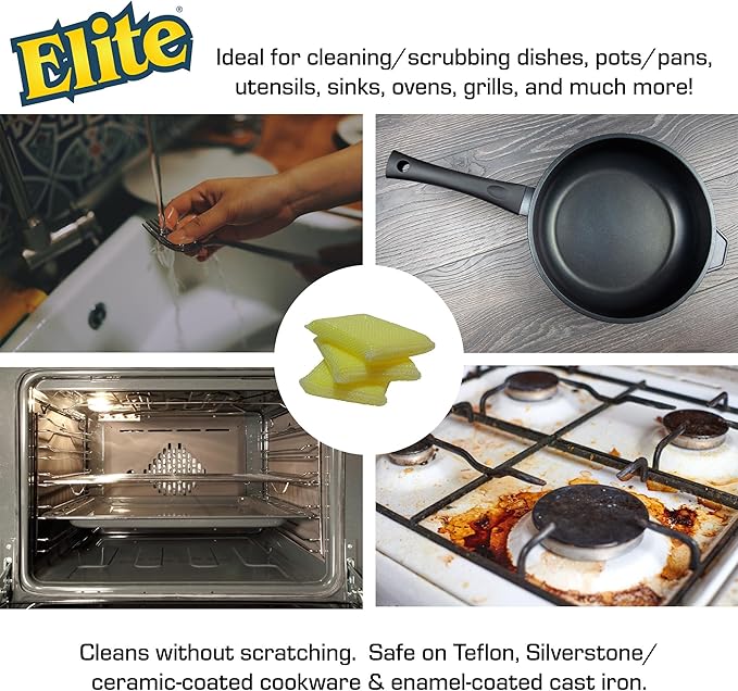 Elite All Purpose Cleaning Pad, 12 Pads (4x3pack), Non Scratch, Dish Sponge, Scrubber, Sponges for Kitchen and Household Use, Made in USA