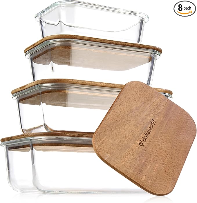 dokaworld Glass Tupperware Set with Acacia Lids - 4 Stackable Meal Prep Containers. Durable heat resistant Inert Borosilicate Glass