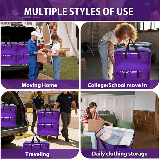 6 Pack Moving Bags Heavy Duty, Extra Large Moving Bags, Moving Supplies, Storage Bags with Handles and Zippers, Waterproof Totes for Storage Saving Packaging Shipping and Travel(Laser Purple)