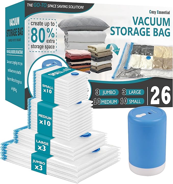 Cozy Essential 26 Pack Vacuum Storage Bags with Portable Rechargeable Wireless Electric Pump, Vacuum Seal Space Saver Bags for Clothing, Pillows, Blanket, Bedding, Comforters