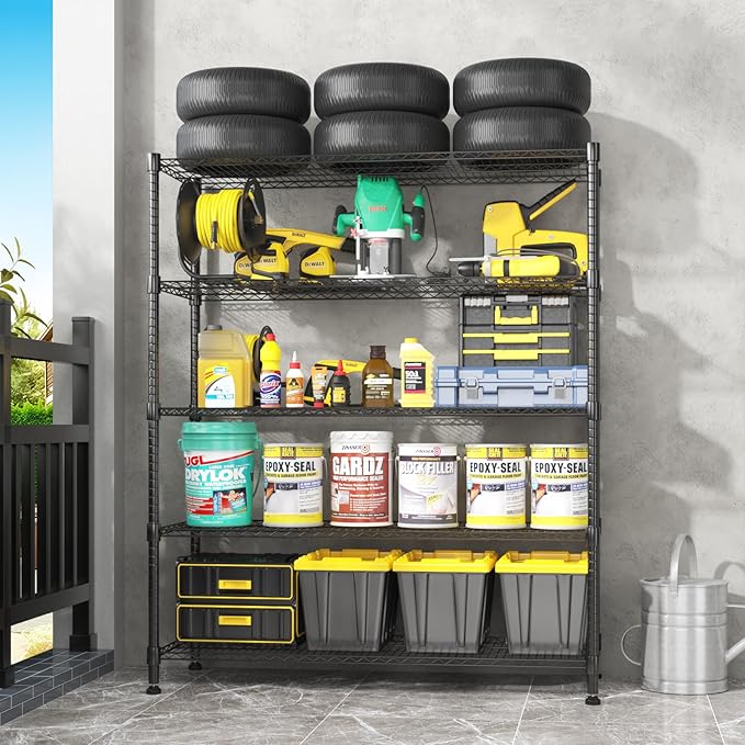 Homdox Heavy Duty Storage Shelves, 5 Tier Wire Shelving Unit with Wheels, Commercial Adjustable Metal Shelves for Storage, Garage Rack Pantry Shelves Kitchen Shelving, 18"x48"x82", Black
