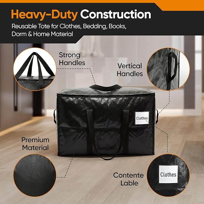 HOLDN’ STORAGE Extra Large Moving Storage Bag with Zipper Lid, Heavy Duty Reusable Tote for Clothes, Bedding, Books, Dorm & Home, Pack of 10 Large Bags