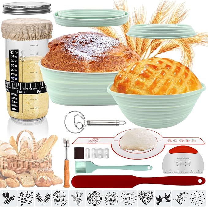 Clakioom Banneton Bread Proofing Basket Sourdough Starter Kit, 34oz Sourdough Jar, 2 Silicone Proofing Bowls, Bread Sling Mat, Silicone Spatula, Dough Whisk, Complete Bread Making Kit (GREEN)