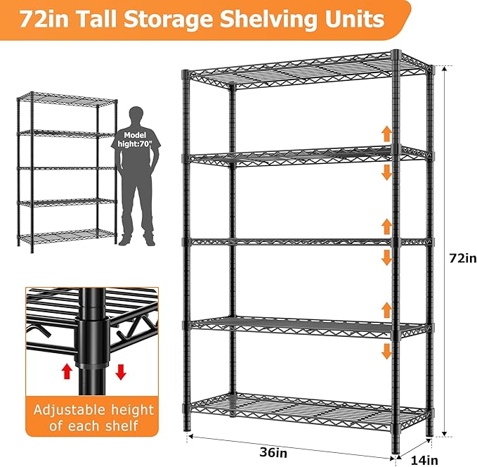 Storage Shelves Heavy Duty, 4 PCS 36" L x 14" W x 72" H Garage Wire Shelving Unit Loads 1750LBS, 5-Tier Adjustable Metal Industrial Utility Shelf Rack for Kitchen, Laundry Room, Warehouse, Basement