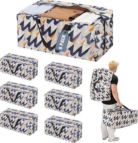 WORKPRO 6 Pack Extra Large Moving Bags with Zippers & Carrying Handles Backpack Straps, Heavy-Duty Storage Tote for Space Saving & Storage, Alternative to Moving Box (W - Alphabet Printing)