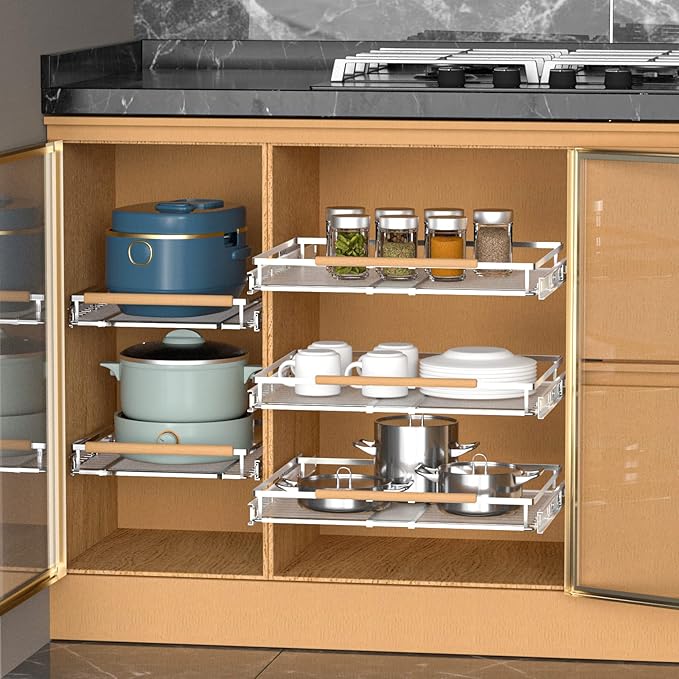 KIKIBRO Pull Out Drawer Cabinet Organizer, Expandable Slide Out Storage Shelves - Heavy Duty, Durable and Smooth Slide-Out, 17" x 28" Wide x 22.5" Deep, 2 Pack