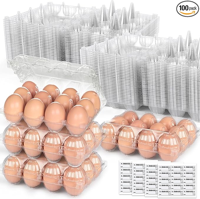 LOVEINUSA 100 Pack Clear Plastic Egg Cartons Bulk with Date Labels- Reusable 12-Count Dozen Holders for Small to Medium Eggs, Perfect for Farmers Market Display, Refrigerator Storage & Farm Transport