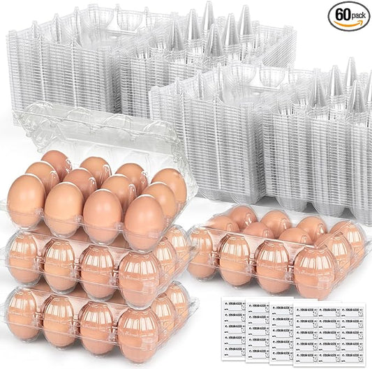 LOVEINUSA 60 Pack Clear Plastic Egg Cartons Bulk with Date Labels - Reusable 12-Count Holders for Small to Medium Fresh Eggs, Durable Clamshell for Chicken Farms, Markets & Multi-Color Egg Display