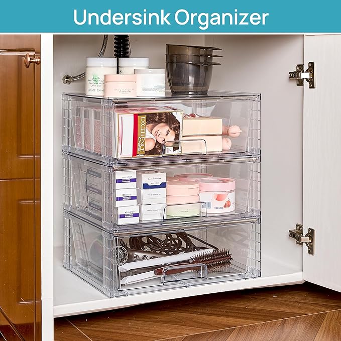 Vtopmart 2 Pack Large Stackable Storage Drawers,Easily Assemble Clear Acrylic Bathroom Closet Undersink Organizers,Plastic Storage Bins for Cabinet,Kitchen Pantry,Medicine Organization