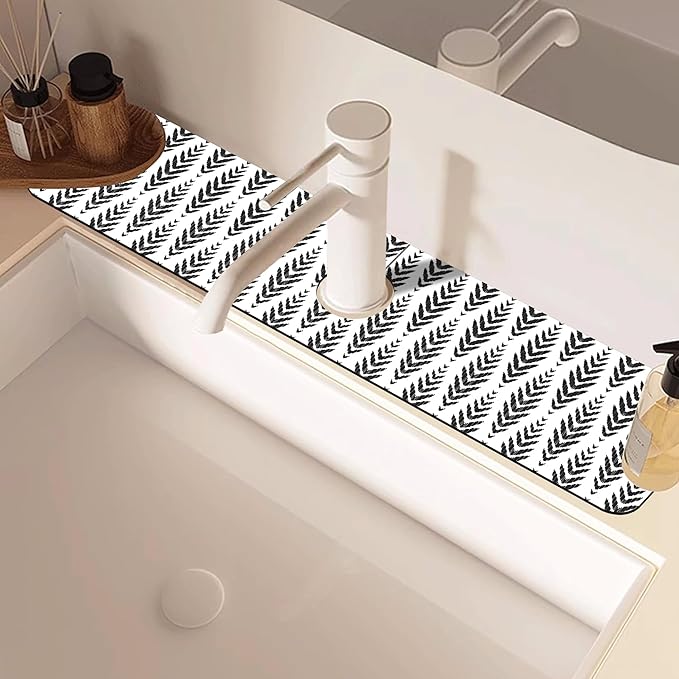 Bohemian Ethnic Herringbone Dish Drying Mat for Kitchen Sink Splash Guard Behind Faucet Sink Mat Absorbent Fast Drying Faucet Draining Mat for Bathroom Kitchen 5.5"×24"