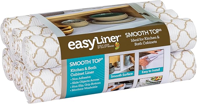 Smooth Top EasyLiner for Cabinets & Drawers - Easy to Install & Cut to Fit - Shelf Paper & Kitchen Drawer Liner Non Adhesive - Non Slip Shelf Liner - 12 Inch Width - 60 Total Feet - Taupe Quatrefoil