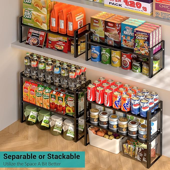 Astrorhine 2 Pack Expandable Cabinet Organizer Shelves, 88lbs High Weight Capacity, Stackable Heavy-Duty Metal Storage Rack, Adjustable Cabinet Shelf for Kitchen, Pantry, Cupboard, Under Sink, Black