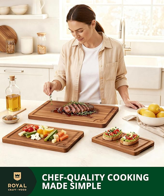 ROYAL CRAFT WOOD Wooden Cutting Boards for Kitchen Meal Prep & Serving - Bamboo Wood Serving Board Set with Deep Juice Groove Side Handles - Charcuterie & Chopping Butcher Block for Meat (3 Pcs)
