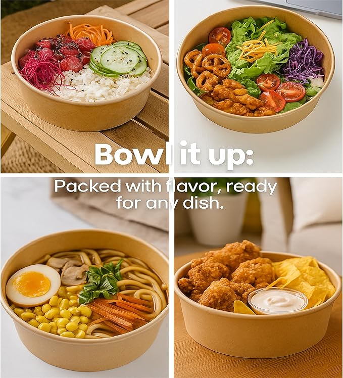 ganfaner 17oz Disposable Round Paper Bowls with Lid, 50 Sets Deli Containers Box Spillproof Acai Bowls, To Go Salad Bowl for Lunch Meal, Paper Meal Prep Box for Soup Toppings Snack Camp Family