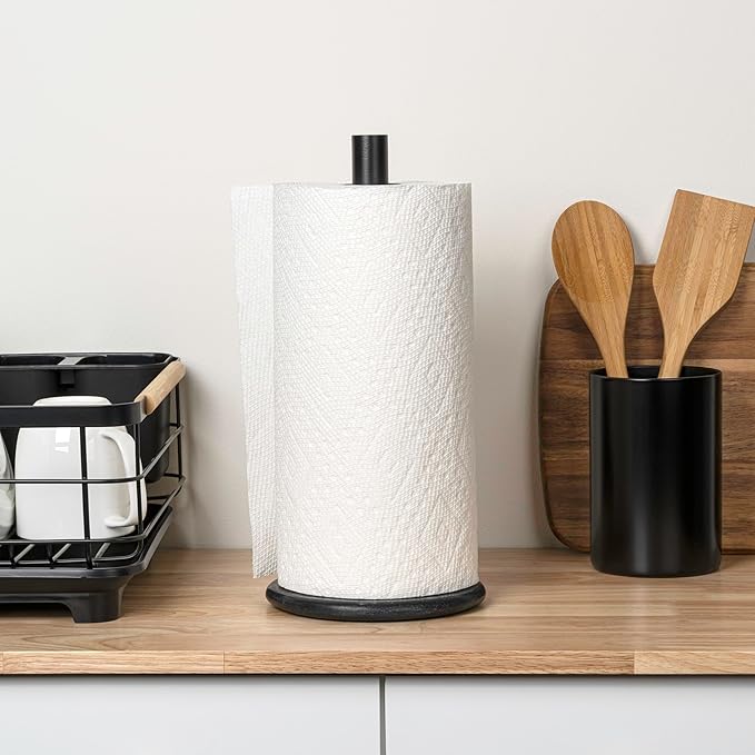 happimess PRH2000E Avery Modern Classic Metal with Non Slip Weighted Wood Base Paper Towel Holder, for Bathroom Kitchen Countertop, Standard or Jumbo-Sized Roll Paper, Black