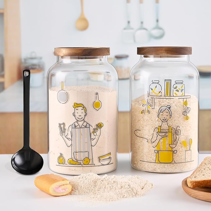 2ps Large Glass Storage jars, Flour Jars, With Airtight Bamboo Lids, Perfect For Kitchen Corners, Suitable For Storing Sugar, Coffee, Rice, and Nuts (95 FL OZ/2800 ml)
