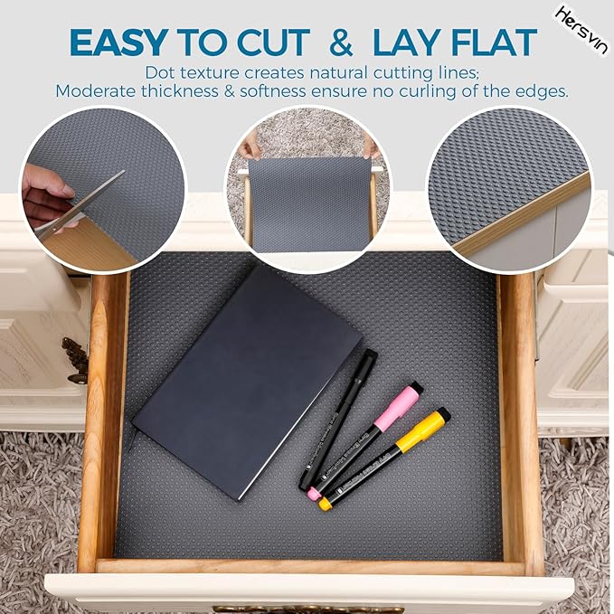 Hersvin Shelf Liners, 24in x 20ft Kitchen Drawer Mats, Non-Adhesive EVA Cupboard Protector, Cabinet Lining (Dark Gray/Dot)