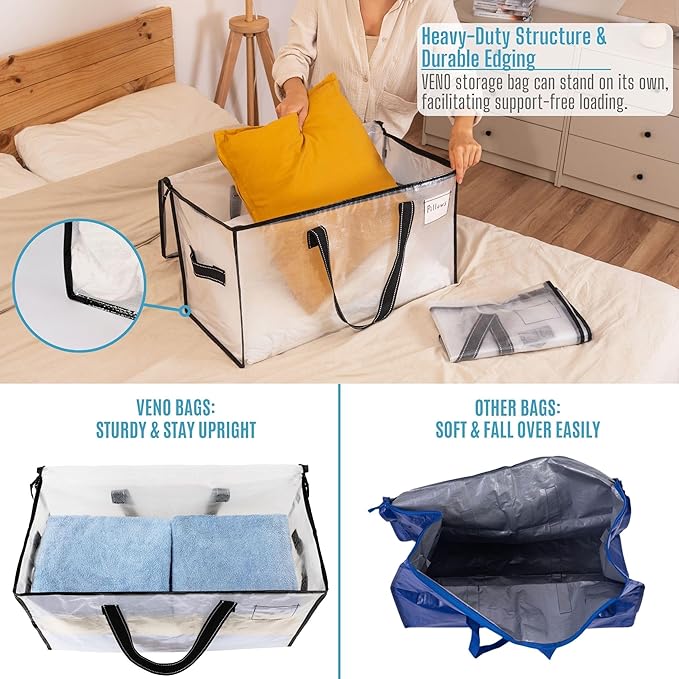 VENO 4 Pack Moving Bags, Christmas Storage Bins, Moving Boxes Alternative, Comforter and Blanket Storage Bags, College Dorm Packing Supplies, Foldable Heavy-Duty Tote (Clear, 4 Pack)