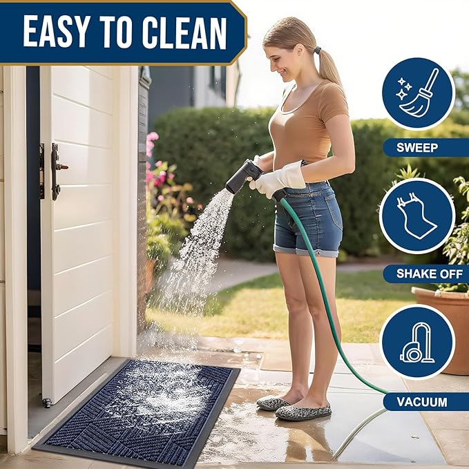 Smiry Front Door Mat Outside Entrance, Heavy Duty Sturdy Natural Rubber Doormat, Trap Dirt and Moisture, Easy Clean Low Profile Welcome Floor Mats for Indoor Outdoor Entry, 59x23 Inch, Navy Blue