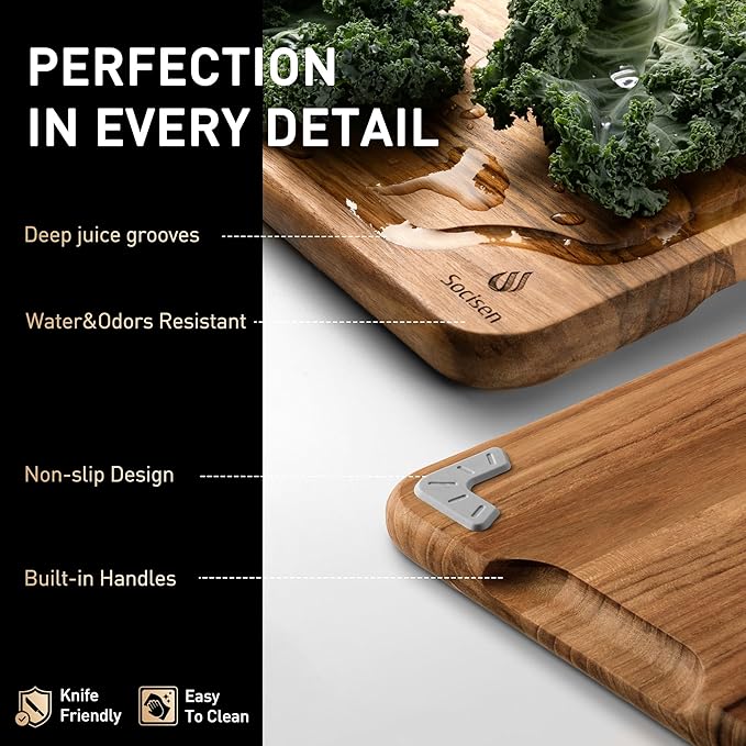 Teak Wood Cutting Board for Kitchen 13inch Charcuterie Board Serving Heavy Duty Non Toxic Slip Over Sink Solid Thick Haus Wooden Chopping Board Large Big Small Meat Best Kitchen Essential Gift