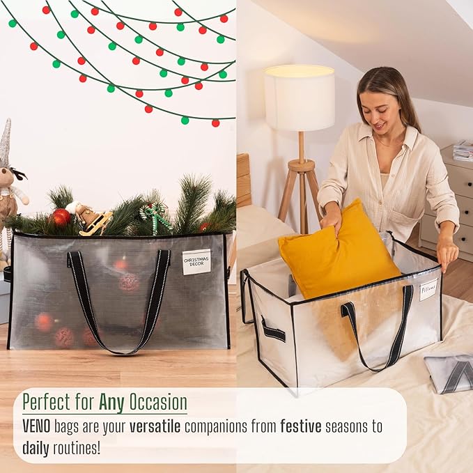 VENO 2 Pack Moving Bags, Christmas Storage Bins, Moving Boxes Alternative, Comforter and Blanket Storage Bags, College Dorm Packing Supplies, Foldable Heavy-Duty Tote (Clear, 2 Pack)