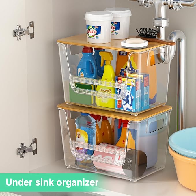 WARRIORS 2 Set Pantry Organizers,Stackable Potato and Onion Storage Bins with Bamboo Lids,Trash Bag Dispenser for 4-13 Gal Bags,kitchen Countertop Organizer for Produce or Snacks