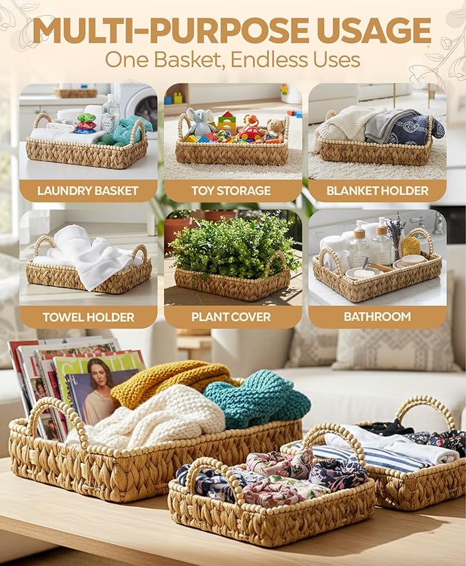 NAZOX Handwoven Water Hyacinth Storage Baskets for Toilet, Living Room, Nursery Organization - Natural Rectangular Set of 3 Versatile Nesting Baskets with Scalloped Edge Design & Handles