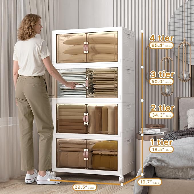 Extra Large Stackable Storage Bins with Lids & Wheels, 1344QT-168QT/42GAL*4Pack Foldable Collapsible Closet Organizers Storage Cabinet with Doors for Bedroom Dorm