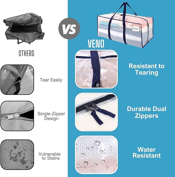 VENO 8 Pack Moving Bags, Christmas Storage Containers, Storage Bins with Lids, Reinforced Wraparound Handles, Packing Bags for Clothes, Bedding, Comforters (Clear, 8 Pack)
