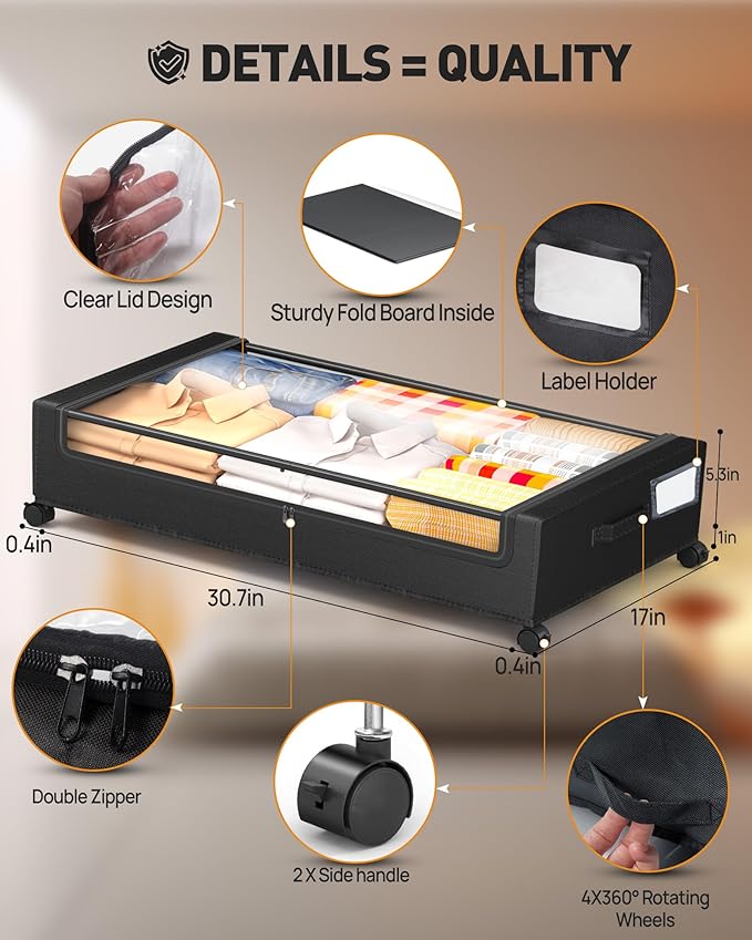 Underbed Storage with Wheels, Square Under Bed Storage Containers, 60L Under The Bed Storage, Rolling Under The Bed Storage Metal Drawer for Clothes, Blankets, Shoes...