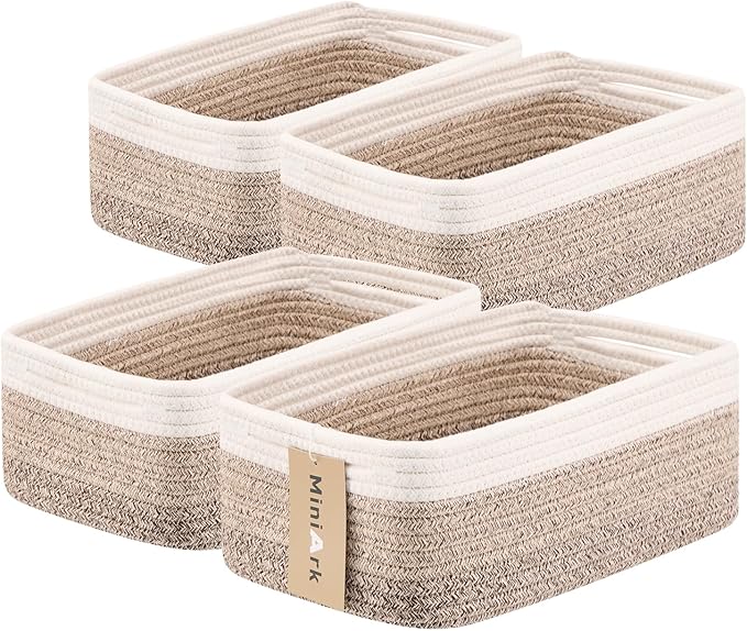 MiniArk Small Storage Baskets for Organizing | Closet Organizer Bins | Shelf Toy Basket | Woven Rope Baskets | Cube Decorative Box | Shallow Basket | 13x8.5x5.1” | 4 Packs Gradient Brown