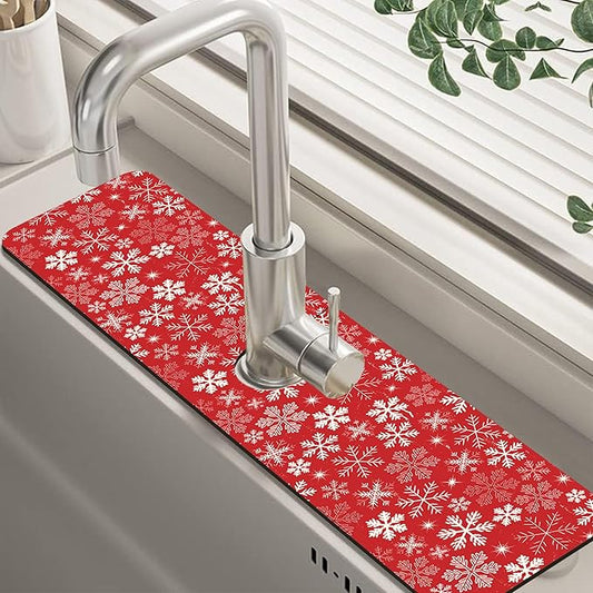 Christmas Snowflake Kitchen Sink Splash Guard Mat Absorbent Fast Drying Mat Faucet Draining Mat Sink Splash Guard Behind Faucet Drip Catcher for Kitchen Bathroom 5.5"×24"