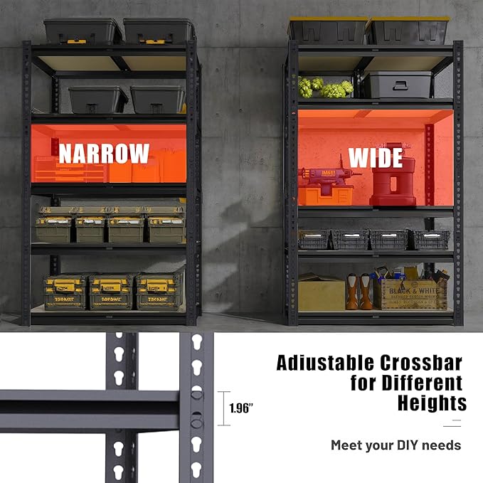 5-Tier Garage Storage Shelves, Heavy Duty Adjustable Shelving Unit, 60"H Garage Rack with 2400lbs Capacity, Metal Utility Shelves for Warehouse, Basement, Pantry, Tool Room, Home Organization