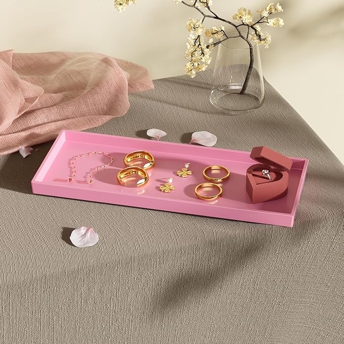 Mriluvy Vanity and Bathroom Tray, 15" ABS Countertop Organizer,Waterproof Vanity Tray for Toilet Tank,Perfume,Soap,Keys,Bathroom Accessories,Kitchen and Bath Trays,Non Slip Small Trays,Pink