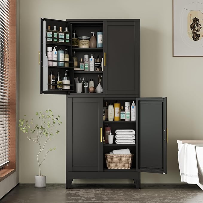 PAOFIN 75" H Metal Storage Cabinet, Pantry with 6 Door Shelves and 4 Adjustable Shelves, Leveling Foot for Kitchen, Living Room and Dinning Room, Black
