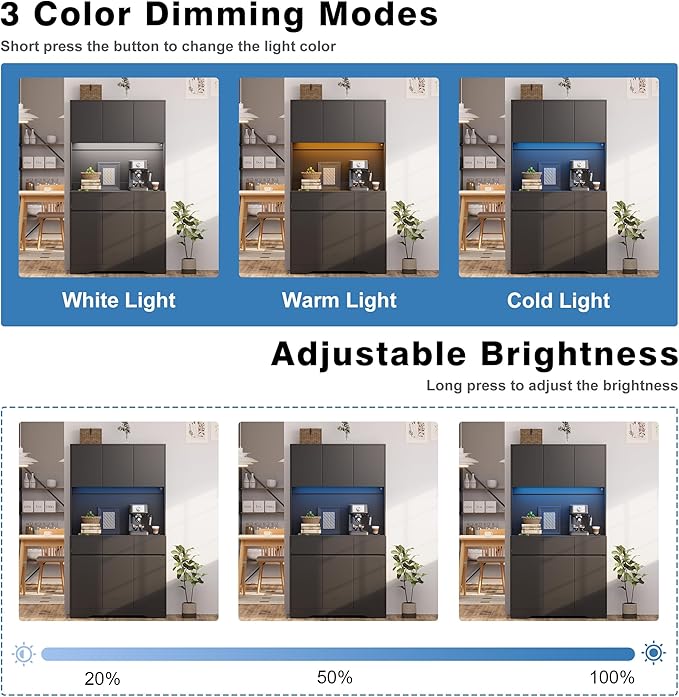 NBYSGO 71" Pantry Cabinet with Charging Station and LED Lights, Tall Kitchen Pantry Storage Cabinet with Microwave Stand, Modern Hutch with Storage Drawers for Dining Room, Living Room, Black