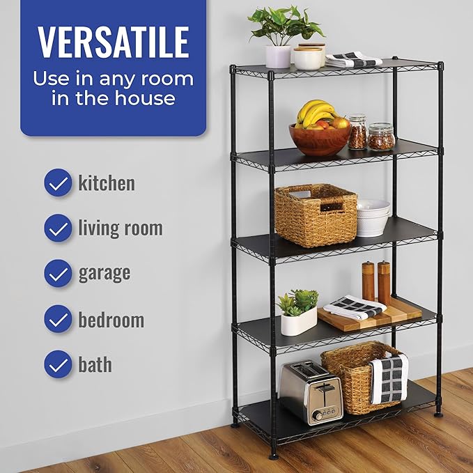 SafeRacks - NSF Certified Storage Shelves, Zinc, Heavy Duty Steel Wire Unit with Adjustable Feet, Garage or Bakers Rack, Kitchen, Pantry Shelf - (14"x30"x60" 5-Tier) (Black)