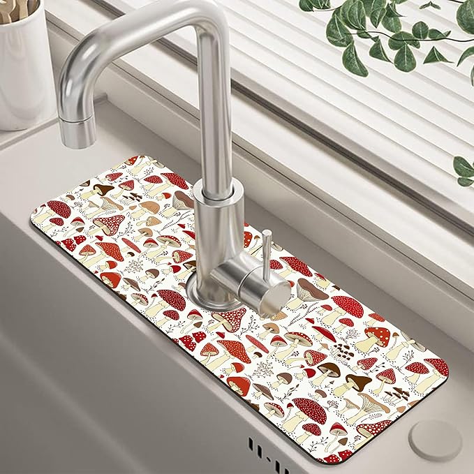 Cartoon Mushrooms Dish Drying Mat for Kitchen Sink Splash Guard Behind Faucet Sink Mat Absorbent Fast Drying Faucet Draining Mat for Bathroom Kitchen 5.5"×15"