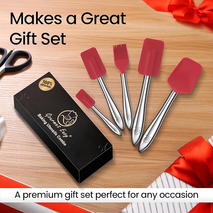 5pcs Silicone Spatula Cooking Utensils Set with Stainless Steel Handles, Premium Heat-Resistant Kitchen Utensils for Baking, Spoonula & Silicone Brush Included, Safe for Nonstick Cookware (Red)