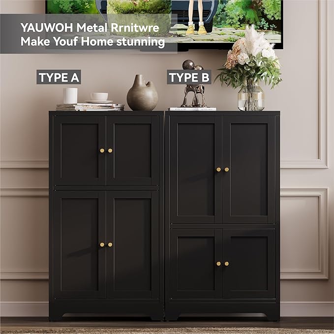 Bathroom Floor Cabinet, Metal Storage Cabinet with 2 Adjustable Shelves & 4 Doors,Freestanding Sideboard for Dining Room,Living Room, Home Office(1PC,Black)