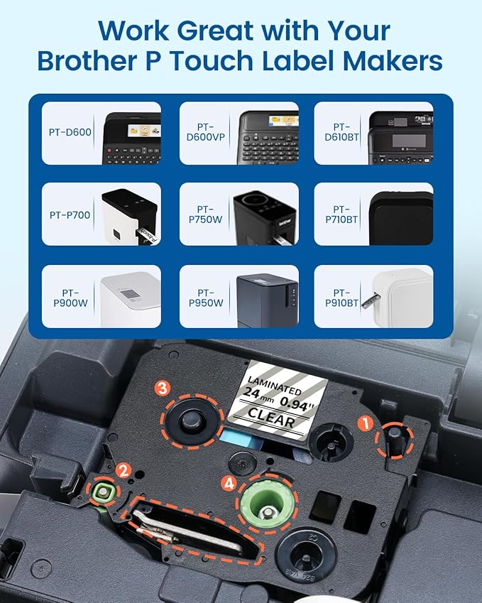 TZe TZ Tape 24mm 0.94 Laminated Clear Replacement for Brother Label Maker Tape 1 Inch TZe-151 TZe151 P Touch Label Tape, Compatible with Brother PT-D600 PT-P700 PT-P710BT PT-P750W PT-P910BT, 4-Pack