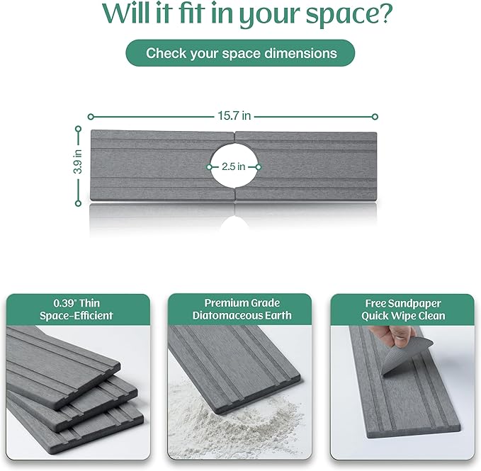 Stone Faucet Mat for Kitchen Sink Splash Guard 15.7" x 3.9" with 2.5" Center Hole | Light Grey Diatomite Drying Stone Mat | Non-Slip Stone Tray for Kitchen Counter with Premium Texture