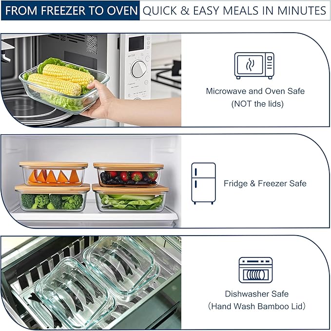 DE Glass Food Storage Containers with Bamboo Lids, (4, Pack 2 x 35oz & 2 x 51oz) Pack Meal Prep Glass Containers Safe for Microwave, Oven, Freezer and Dishwasher, BPA Free