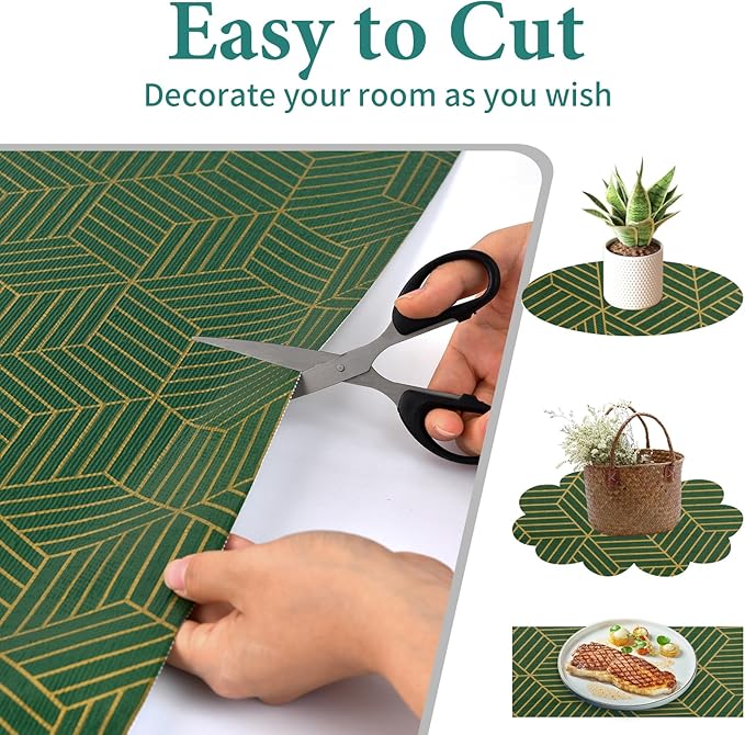 Shelf Liners for Kitchen Cabinets 17.5in x 30FT, Non Adhesive Cabinet Liner Strong Non-Slip Thickened Gold Green Geometric Drawer Liner, Easy to Clean for Shelf, Cabinet with Knife and Tape Measure
