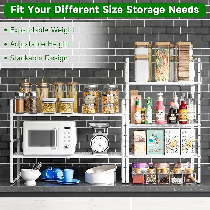 LOCVCDA Expandable Kitchen Cabinet Shelf Organizer Rack Heavy Duty Metal Spice Rack Stackable Kitchen Counter Storage Shelf for Cabinet Pantry Bathroom (White- 16.5"-27" L x 8" W x 9.6" H - 2Pack)