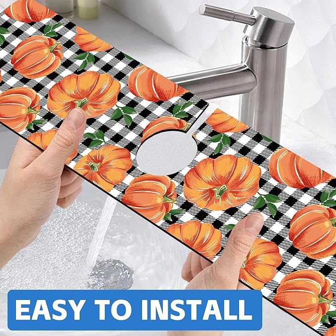Thanksgiving Pumpkin Kitchen Sink Splash Guard Mat Buffalo Plaid Absorbent Fast Drying Mat Faucet Draining Mat Sink Splash Guard Behind Faucet Drip Catcher for Kitchen Bathroom 5.5"×24"