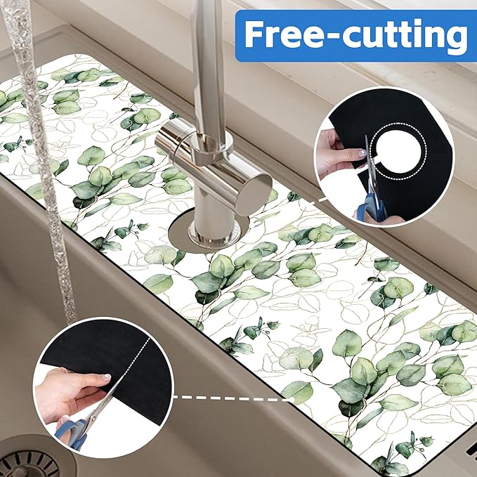 Watercolor Gold Eucalyptus Branch Dish Drying Mat for Kitchen Sink Splash Guard Behind Faucet Sink Mat Absorbent Fast Drying Faucet Draining Mat for Bathroom Kitchen 5.5"×24"