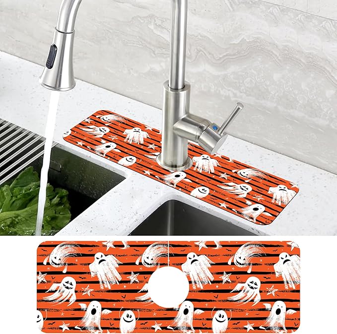 Halloween Ghost Bat Dish Drying Mat for Kitchen Sink Splash Guard Behind Faucet Sink Mat Absorbent Fast Drying Faucet Draining Mat for Bathroom Kitchen 5.5"×15"